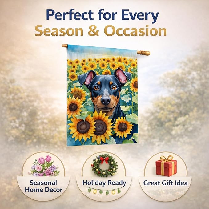 Caroline's Treasures DAC6119CHF Manchester Terrier in Sunflowers House Flag Large Porch Sleeve Pole Decorative Outside Yard Banner Artwork Wall Hanging, Polyester, House Size, Multicolor