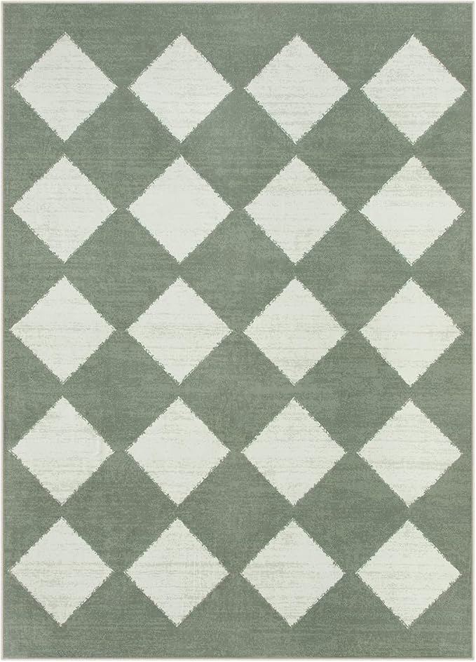 Lahome Zelie Checkered Washable 5x7 Rugs for Living Room Green Rug for Bedroom, Soft Dining Room Rugs for Under Table, Diamond Trellis Throw Carpet for Entryway Dorm Kids Playroom (5'x7',Green)