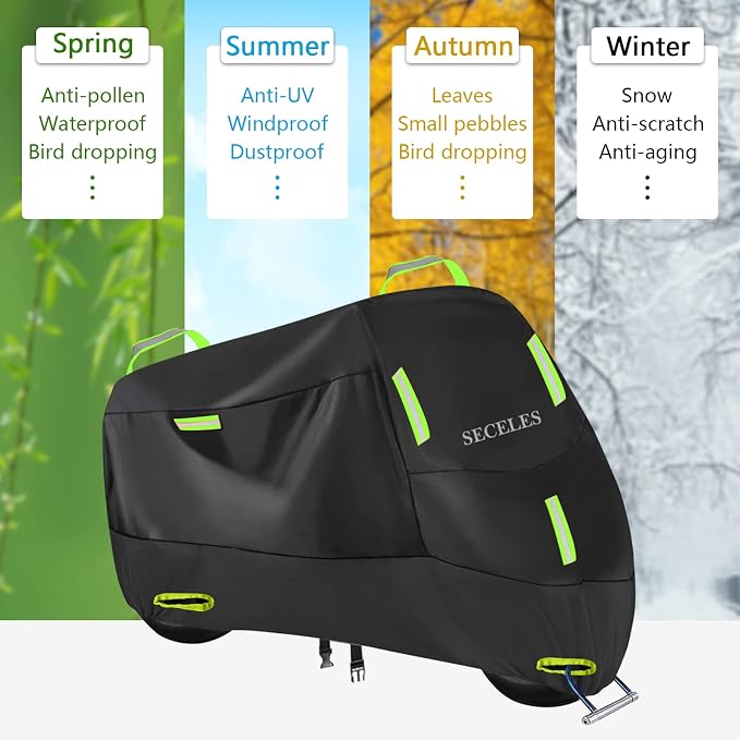 SECELES 300D Motorcycle Cover, Heavy Duty Durable Waterproof Outdoor All Season Protection Scooter Cover with 7 Reflective Strips and 2 Lock-Holes Accesorios para Motos (XXL: 86" x 37" x 50")