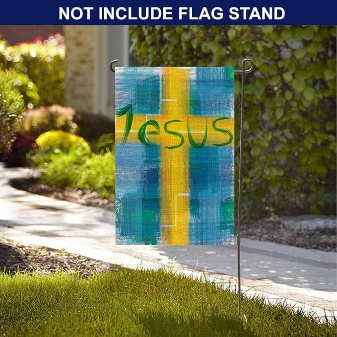 EMMTEEY Easter Garden Flag Double Sided 12.5X18 Inch Yard Decor Garden Flags Jesus Lettering Design Housewarming Modern Blue Yellow Outdoor Garden Flag