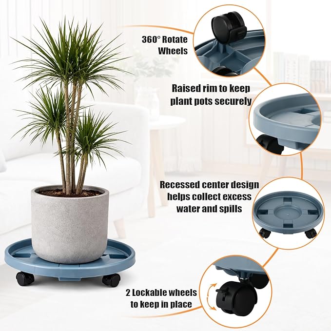 5-pack 14.2" Large Plant Caddy with Wheels Plastic Plant Dolly with Locking Caster Flower Pot Mover Rollers Wheeled Rolling Plant Stands Round Plant Saucer on Wheels Indoor Outdoor Base Coasters Gray