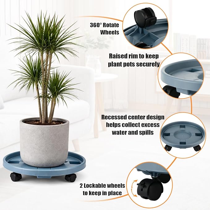 4-pack 17.3" Extra-large Plant Caddy with Wheels Plastic Plant Dolly with Locking Caster Flower Pot Mover Rollers Wheeled Rolling Plant Stands Round Plant Saucer Indoor Outdoor Base Coasters Gray