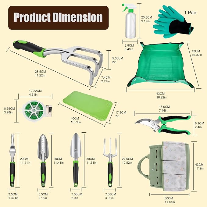 13-Piece Gardening Tool Set with Stylish Portable Storage Bag and Apron, Heavy-Duty Tools for Women's Everyday Gardening Use, Green