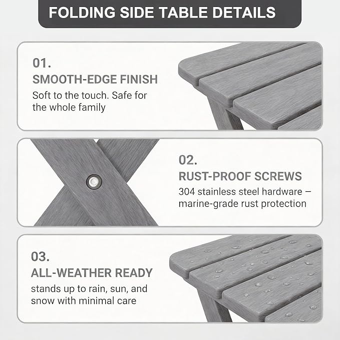 Folding Outdoor Side Table,Small HDPE Patio Table,All-Weather Compact Portable End Table for Patio,Porch,Pool,Grey,11.8" D x 15.7" W x 15.7" H