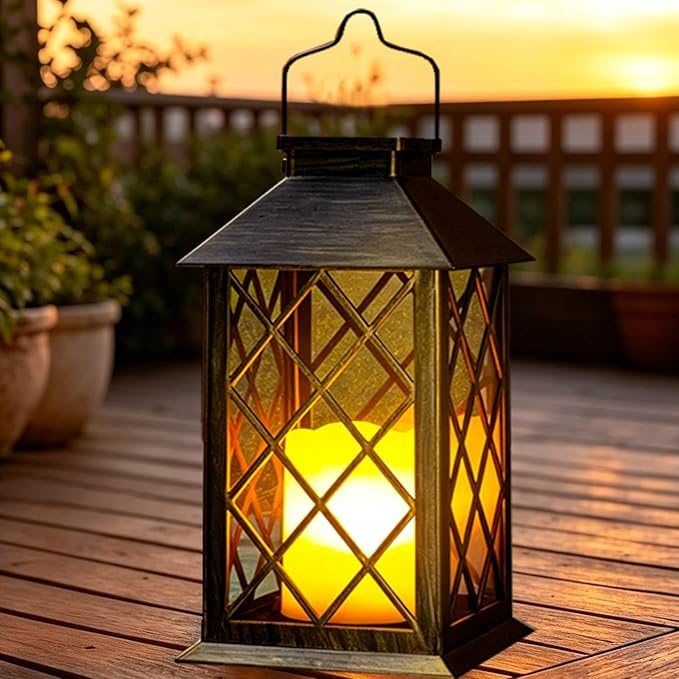 14" Large Solar Lanterns Outdoor Waterproof, Tempered Glass, Hanging Solar Lights with Flickering Flameless Candles, Retro Solar Lantern for Wall Porch Patio Table Garden Decorations, Bronze