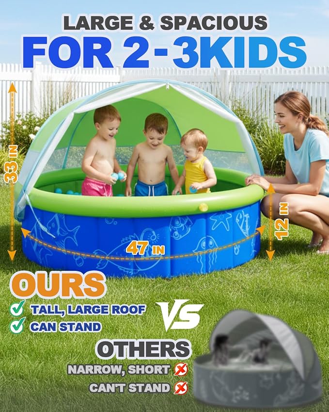 2026 Updated Foldable Kiddie Pool with Canopy and 20 Ocean Balls: 47in for Baby Toddler Kids- Summer Water Play Pool with Sprinkler and Shade - Portable for Outdoor Backyard Beach