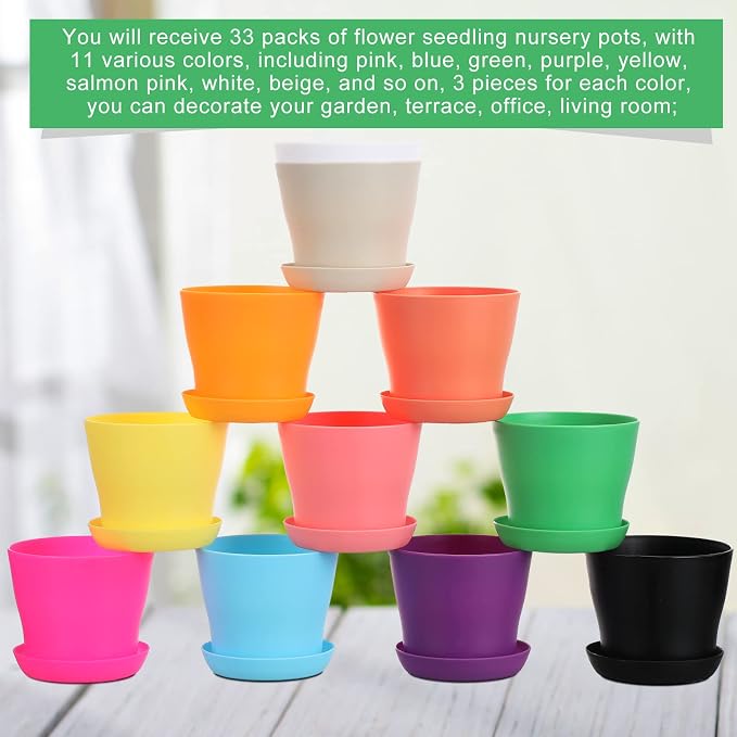 Potchen 4 Inch Plastic Plant Pots Bulk, 33 Pack Small Colorful Planters Pot with Drainage Holes,Seedling Nursery Transplanting Planter Container with Saucers,Flower Pots for Succulents, Cuttings