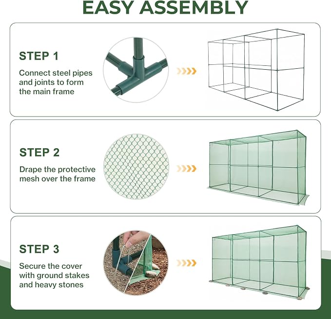 Aoodor 11x3.9x6 FT Crop Cage, Plant Protection Tent with Heavy Duty Steel Frame and Zippered Doors, Green Netting Cover for Garden, Lawn, Yard