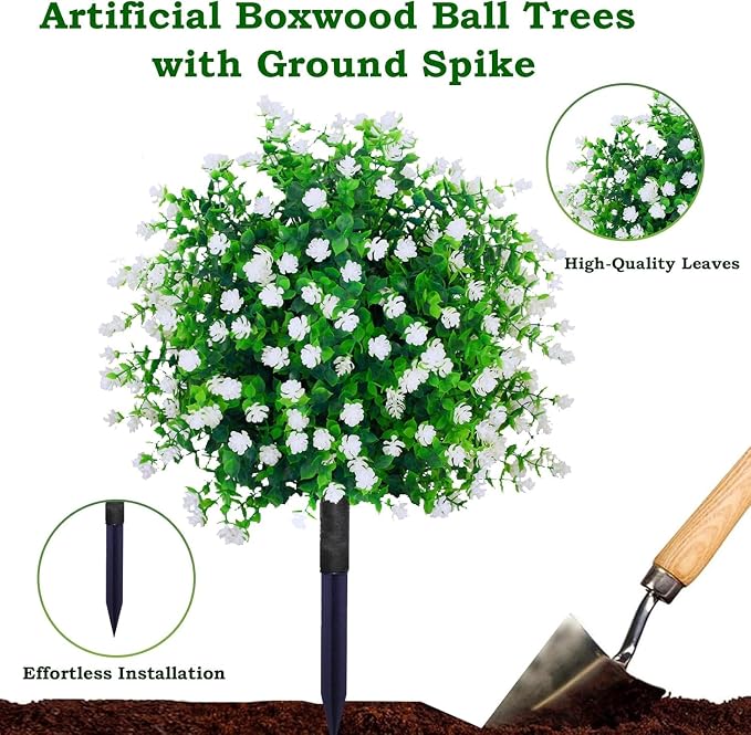 THKFUL Artificial Flower Ball Topiary Trees Outdoor Set of 2 - White Boxwood Ball Fake Plants with Ground Spike,23" Realistic Faux Shrubs UV Resistant for Front Pathway Porch Window Box Decor