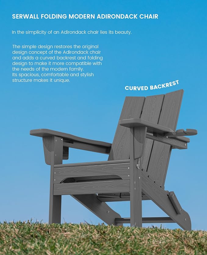 SERWALL Outdoor HDPE Modern Adirondack Chair，Folding Adirondack Chair with Cup Holders, All Weather Resistant Fire Pit Chair, Gray