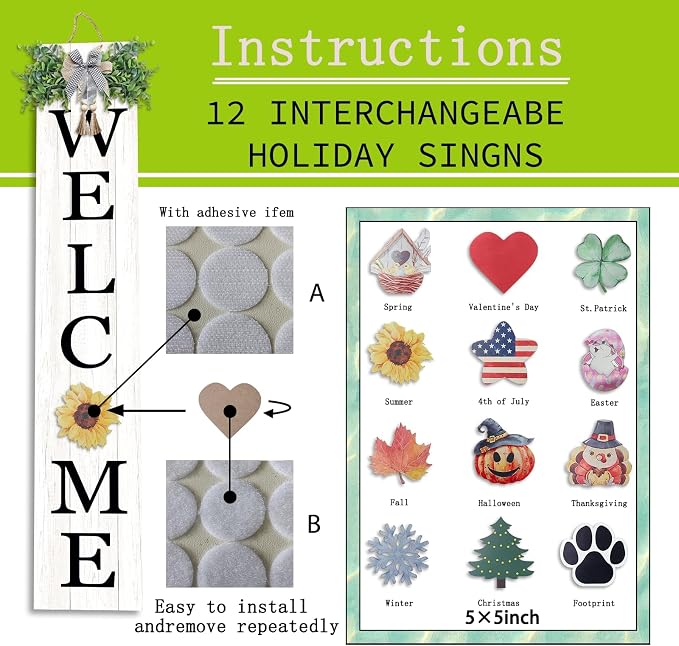 Interchangeable Outdoor Welcome Sign for Front Porch Standing 47"×8" with 12 Pcs Icons Vertical Tall Leaner Outside Welcome Sign Long Wood Frame Large Rustic Farmhouse Front Door Hanging Decor (White)