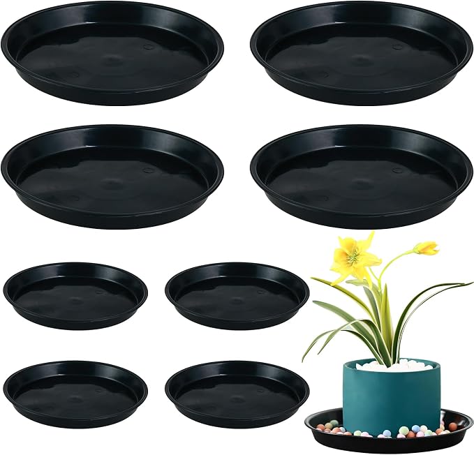 8 Pack 11.5 Inch Plant Saucers for Indoors Outdoors Plastic Plant Water Catcher Trays No Holes Round Flower Pot Drip Trays for Pots Base Heavy Duty Plant Pot Saucers Water Drainage Trays, Black