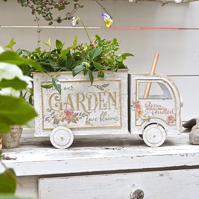 Farmhouse Small Flower Cart Metal Truck Decor Wagon Planters for Outdoor Plants Decorative Planters Vintage Indoor Plant Cart for Patio Garden Balcony