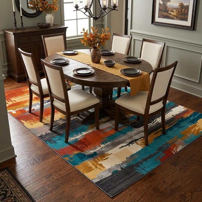 5x7 Burnt Orange and Teal Blue Modern Brush Stroke Lines Area Rug | Soft faux cashmere low-pile, machine washable non-slip foldable rug for living rooms, bedrooms and dining rooms.