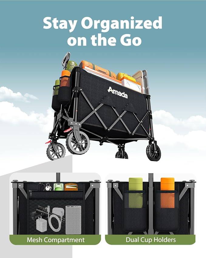 Collapsible Wagon Cart, Foldable Lightweight Wagon Folding Carts with Wheels - Outdoor Utility Carts with 360LBS Max Load for Grocery, Camping, Shopping, Sports, Garden，Beach