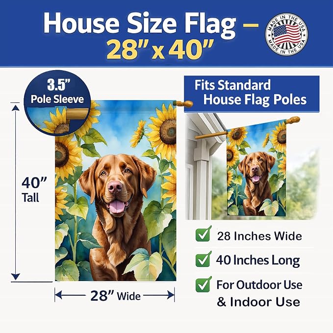 Caroline's Treasures DAC6050CHF Chesapeake Bay Retriever in Sunflowers House Flag Large Porch Sleeve Pole Decorative Outside Yard Banner Artwork Wall Hanging, Polyester, House Size, Multicolor