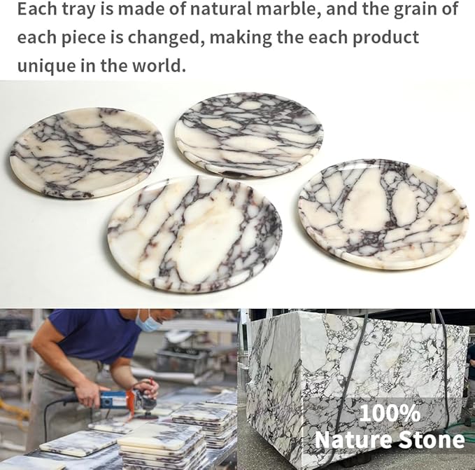 DUANYAN Natural Marble Tray, Coffee Table, Food, Fruit, Paper Cup, Cake Display, Coffee bar, Family Gatherings, Seasonal Holiday Decoration Tray(Viola-circular-9.8"x9.8"x0.7")