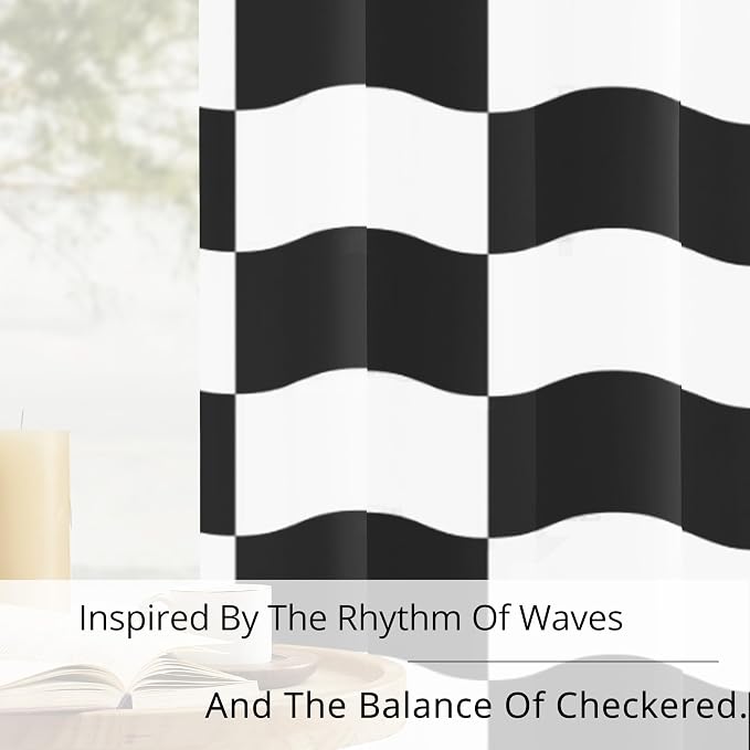 Wavy Checkered Black and White 100% Blackout Curtains for Bedroom Living Room, Modern Pattern Window Drapes, Thermal Insulated, Noise Reducing, Grommet Top, Set of 2 Panels, Each W52xL63