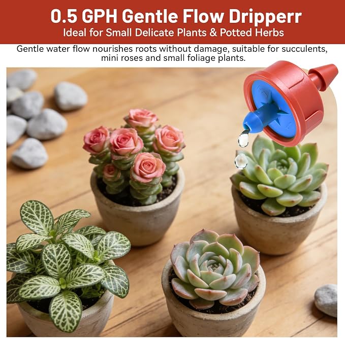 300 PCS 0.5 GPH Pressure Compensating Drip Irrigation Spot Watering Dripper, Gentle Flow Anti-Clog Drip Irrigation Emitters Heads Irrigation Drippers Parts for Indoor Outdoor Small Potted Plants