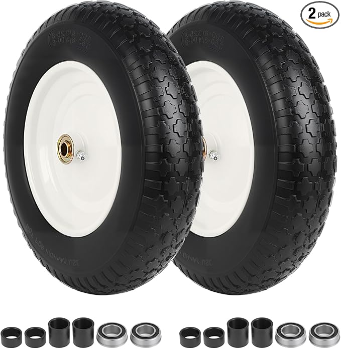 14.5" Wheelbarrow Tire Flat-Free, 3.50-8 Solid Tire 300LB Capacity Each, with 5/8" & 3/4" Bearings, 3"-4''-6''-7" Adjustable Hub, Tire and Wheel Replacement for Dolly, Hand Truck, Garden Cart, 2 Pack