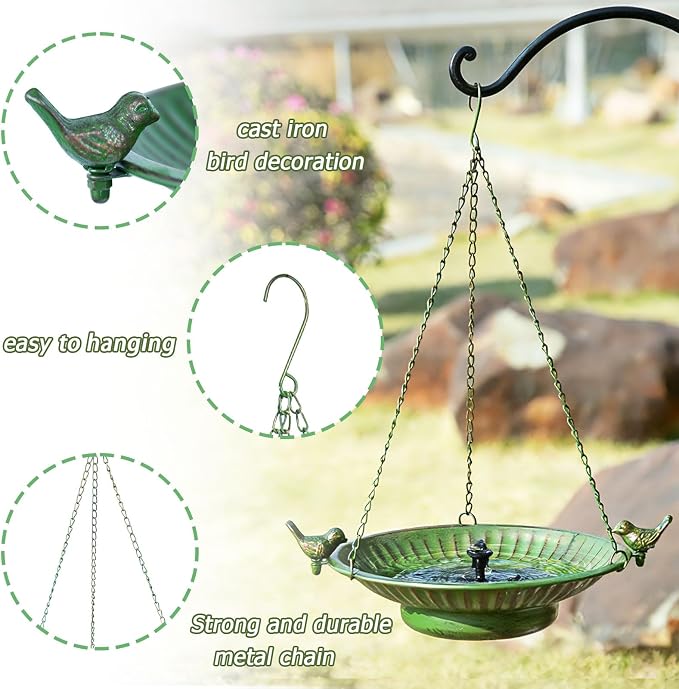 13" Hanging Bird Bath with Solar Fountain,Metal Solar Bird Bath (Green) | Hanging Solar Bird Bath,Birdbath Bubbler ,Hanging Bird Bath for Outdoors Garden, Patio & Yard.
