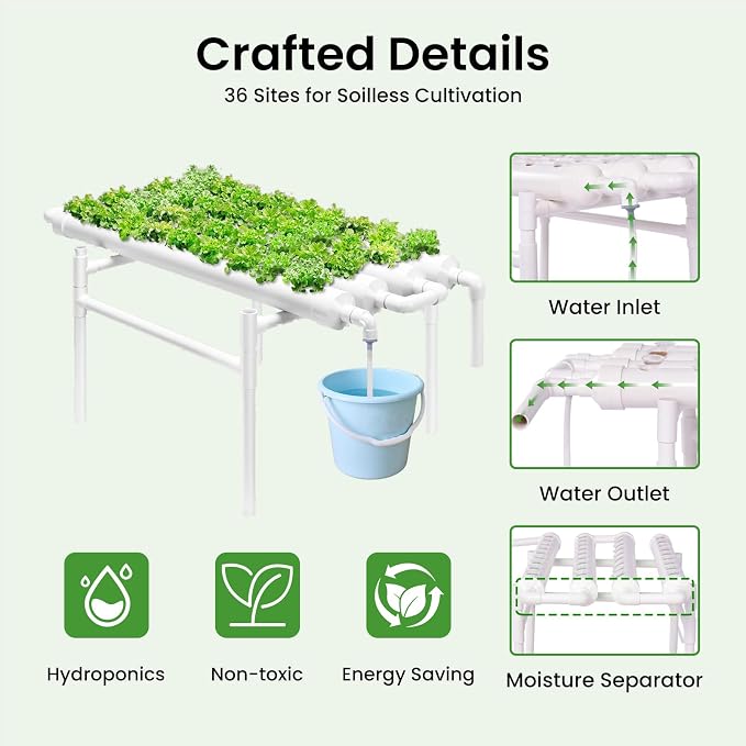 Upgraded Hydroponics Growing System, 36 Plant Sites, 1 Layers 4 Food-Grade PVC-U Pipes,hydroponics Growing System Kits, Gardening Systems Grow Kits with Water Pump Timer, nests Basket and Sponge