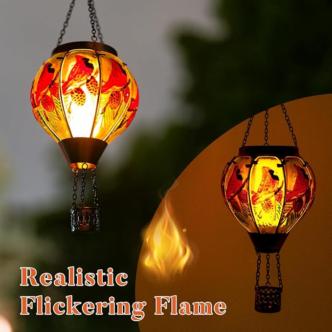 Cardinal Solar Hot Air Balloon Lantern with Flame, Glass Balloon Solar Lantern Outdoor Waterproof, Hanging Hot Air Balloon Solar Light, Cardinal Gifts for Mom Woman Christmas
