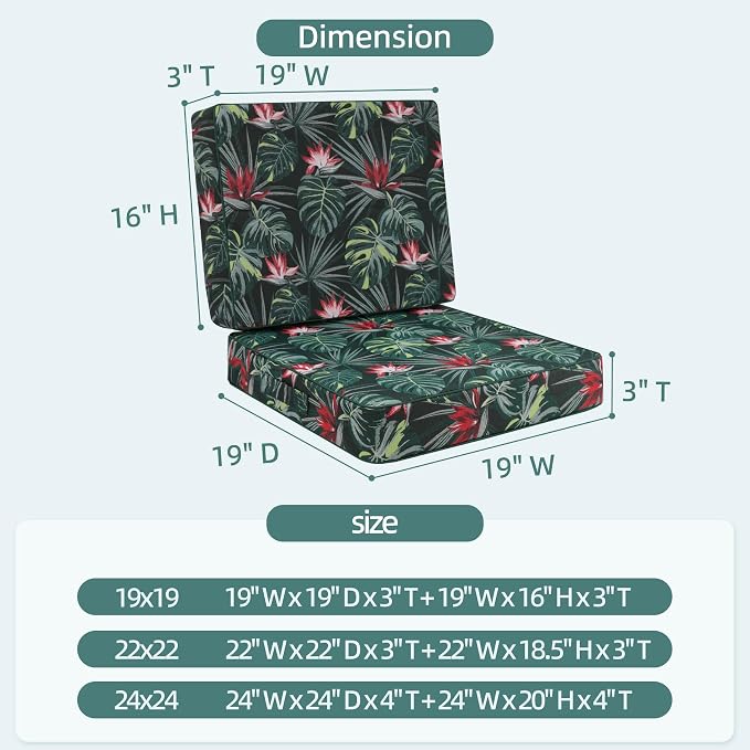 Favoyard Deep Seat Patio Cushion 19 x 19 x 3 in Waterproof Seat & Back Cushion Set with Color Fade Resisitant Pattern, Portable Handle, Attach Straps, Zipper on Removable Cover for Outdoor Furniture