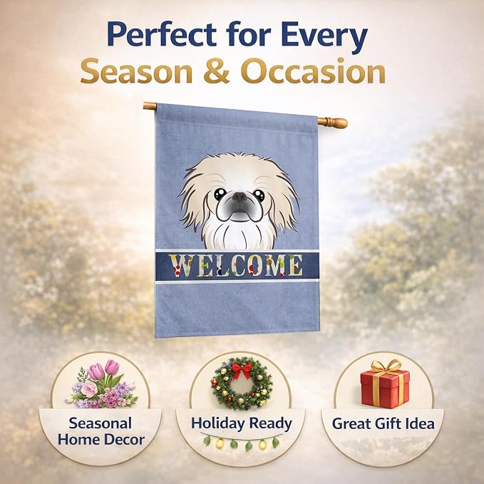 Caroline's Treasures BB1407CHF Pekingese Welcome House Flag, Blue Large Porch Sleeve Pole Decorative Outside Yard Banner Artwork Wall Hanging, Polyester, House Size, Multicolor