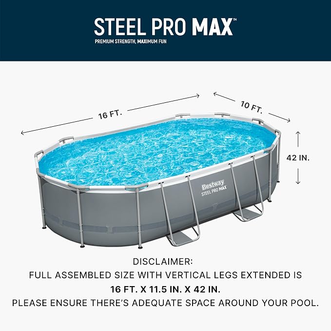 Bestway Steel Pro MAX 16' x 10' x 42" Above Ground Pool Set with Pump | Durable Oval Metal Frame Outdoor Backyard Swimming Pool, Puncture-Resistant Liner - Ladder and Cover Included, Gray