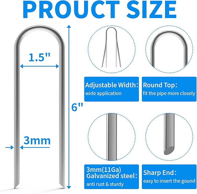 MySit 6 Inch 100 Pack U Shaped Garden Stakes, Heavy Duty 11 Gauge Galvanized Drip Irrigation Stakes Landscape Staples for 1/2" to 1-1/2" Soaker Hose, Weed Barrier, Yard Decorations, Fencing