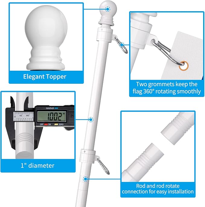 ZMTECH Flag Pole for Outside House - 6 Foot American Flag Pole with Solar Light, 180 Degree Adjustable Flag Holder, Tangle-Free Stainless Steel Outdoor Flagpole Set, 2 Pack White