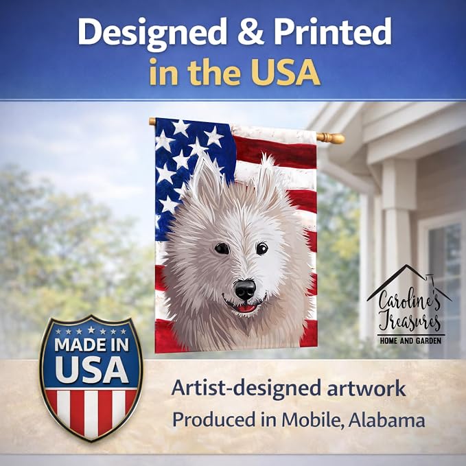 Caroline's Treasures CK6687CHF Samoyed Dog American Flag House Flag Large Porch Sleeve Pole Decorative Outside Yard Banner Artwork Wall Hanging, Polyester, House Size, Multicolor