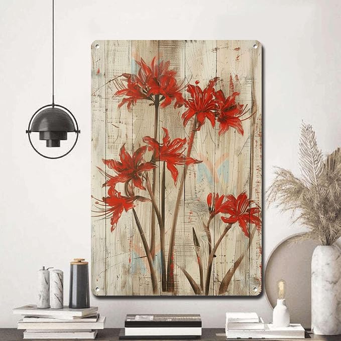 Metal Sign Tin Sign Vintage Wall Art Vintage Lycoris Wall Art Tin Sign for Rustic Charm Distressed Wood Panels and Easy to Install Alu Garden Metal Sign for Restaurant 12×16 Inches