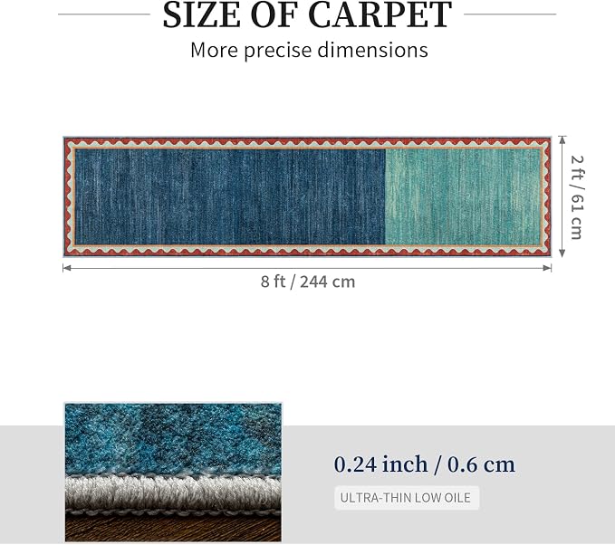 Mid-Century Washed Style Area Rug 2x8 Washable Carpet for Living Room, Non-Slip Low Pile Soft Rug for Bedroom, Kitchen, Entryway, Retro Teal
