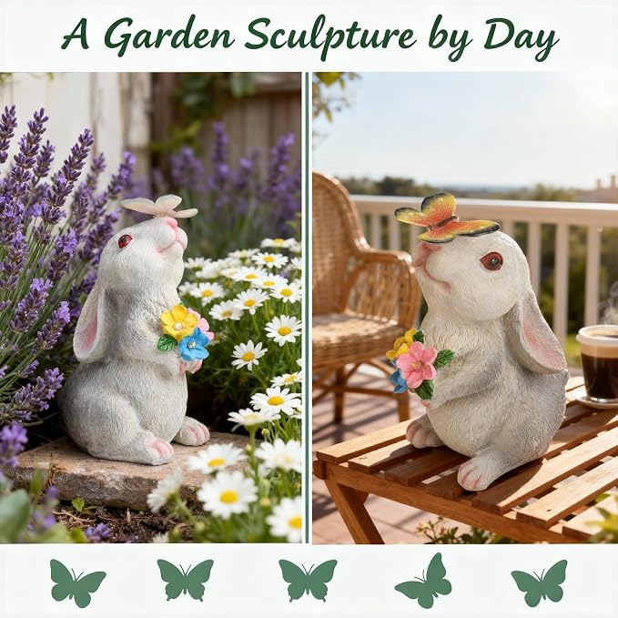 Bunny Garden Decor Solar Light Figurine, Rabbit with Butterfly Sculpture, Outdoor Waterproof Resin for Patio Porch Backyard, Mother's Day Easter Spring Gift for Mom/Grandma, Housewarming New Home Gift