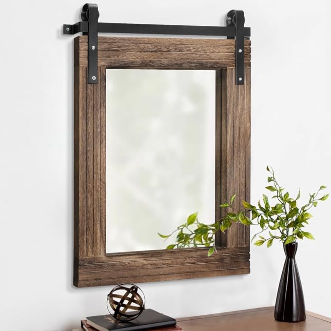 AAZZKANG Rustic Wood Mirror Rectangle Decorative Wall Mirror Large 26"x18" with Frame Bedroom Living Room Bathroom Hanging Mirror
