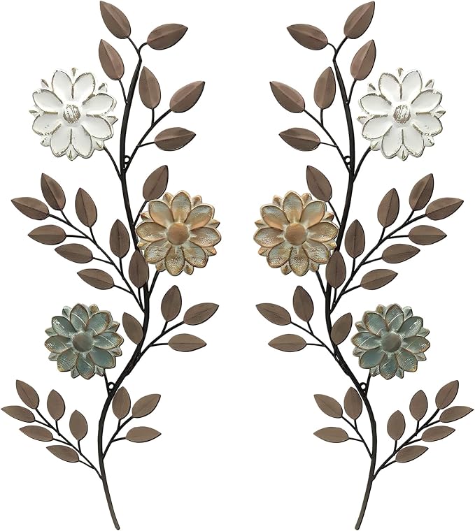 MorningRo 2 Pcs Metal Flower Leaves Wall Art Spring Wall Decor Living Room, 15.75 Inch Vintage Rustic Branch Leaf Wrought Iron Scroll Art Decor for Summer Bedroom Indoor Outdoor Decorations(Brown)