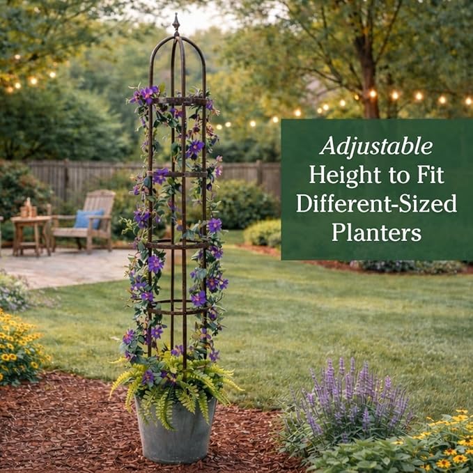Plow & Hearth Metal Garden Obelisk | Indoor/Outdoor | Powder-Coated Steel | Trellis for Climbing | Floral Pattern | 11" Dia. x 7'H | Bronze