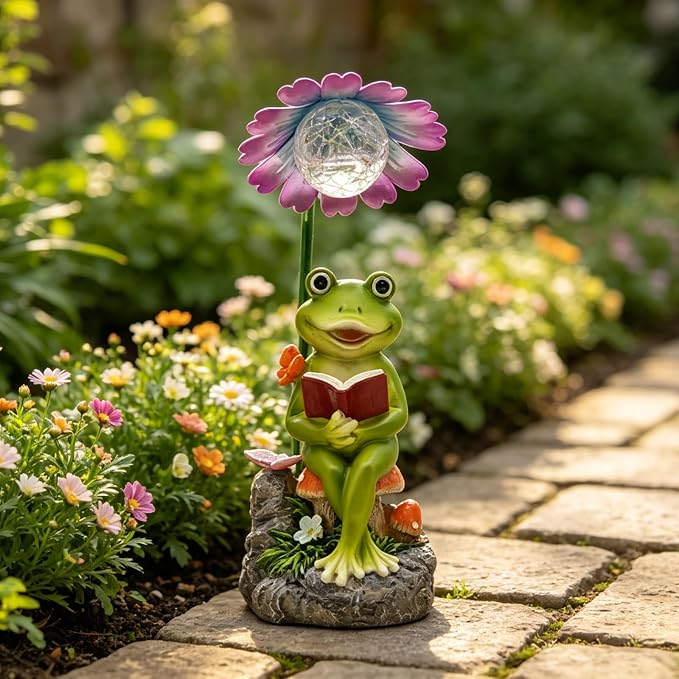 COWOS Solar-Powered Frog Garden Statue with Glowing Flower Light, Miniature Resin Figurine for Outdoor Patio, Yard, Lawn Decor