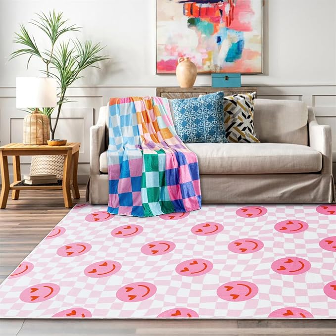 Washable Cute Pink Checkered Rugs for Girls Bedroom Aesthetic Decor, Ultra Thin Funky Groovy Aesthetic Retro Trippy 4x6 Area Rug for Living Room Nursery, Preppy Modern Y2K Dorm Accent Carpet