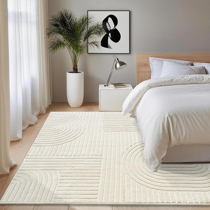 Beige Boho 8x10 Solid Color Area Rugs, Washable Living Room Rug | Ultra Soft Plush High-Low Pile Carpet, Fluffy, Non-Slip, Durable Rugs for Bedroom, Kids Room, Nursery, Apartment, Home Office