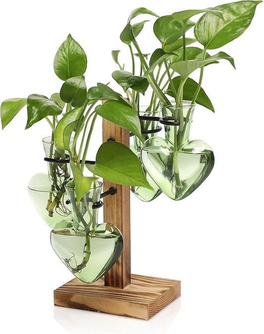 Plant Terrarium Propagation Stations with Wooden Stand | Glass Vase for Indoor Hydroponics Home Garden Office Decoration Gift for Women - 4 Love Bulb Vase
