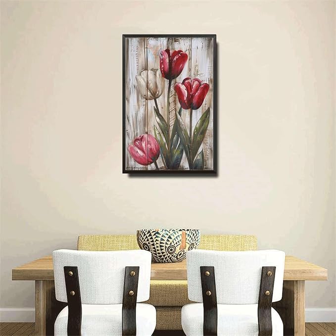 Metal Sign Tin Sign Vintage Rustic Tulips Tin Sign for Vintage Style Gardens Shabby Chic Decor and Distressed Wood Panels Home Deccor Store Home Decor for Pub 8×12 Inches with Metal Frame