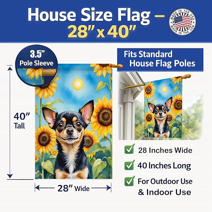 Caroline's Treasures DAC6052CHF Chihuahua in Sunflowers House Flag Large Porch Sleeve Pole Decorative Outside Yard Banner Artwork Wall Hanging, Polyester, House Size, Multicolor