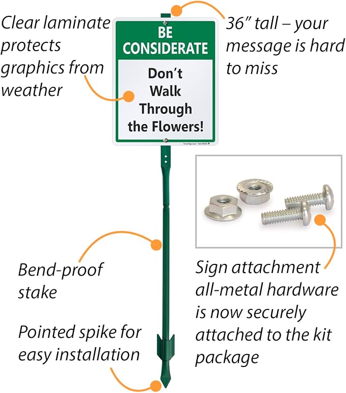 SmartSign 12 x 10 inch “Be Considerate - Don’t Walk Through The Flowers” LawnBoss Yard Sign with 3 foot Stake, 40 mil Laminated Rustproof Aluminum, Green, Black and White, Set of 1