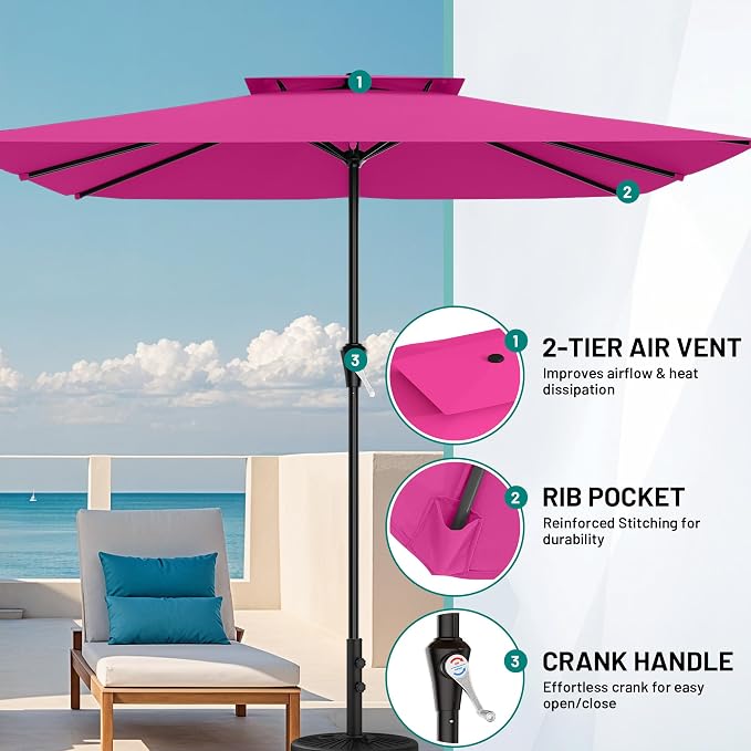 AreShark 8'x10' 2 Tiers Rectangular Patio Umbrella - Outdoor Umbrella Waterproof UV Protection, Market Table Umbrella w/Crank for Pool, Backyard, Deck(Rose Pink)