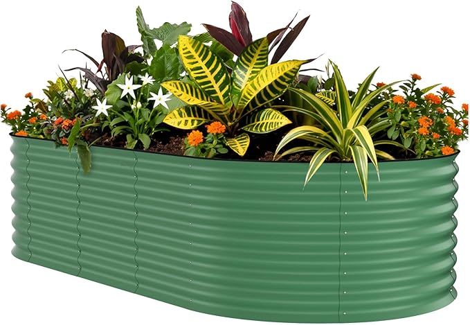 Garvee 8x4x1.5ft Galvanized Raised Garden Bed, Oval Metal Planter Box with Anti-Cut Safety Edges, 359 Gallons Rust-Resistant Deep Root Planter for Outdoor Vegetables, Flowers, Herbs, Green