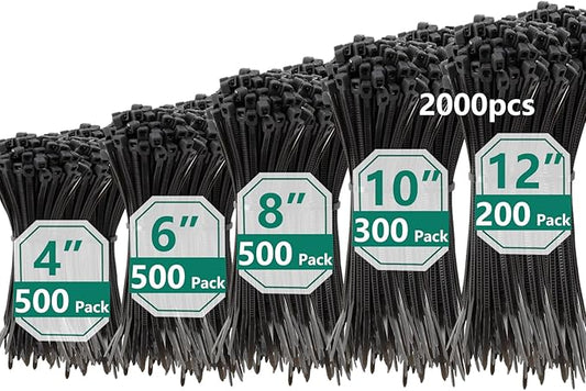 2000 PCS Zip Ties Assorted Sizes 4+6+8+10+12 Inch Self-locking Nylon Cable ties Outdoor, UV Resistant Wire Straps for Home Office Garden Workshop Indoor Outdoor Fence(Black)