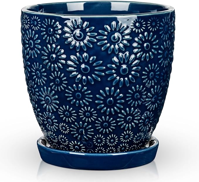 Hollyone 6 Inch Blue Ceramic Planter Flower Plant Pot with Drainage Hole and Saucer for Plants Embossed Indoor Outdoor Garden Embossed Ceramic Glazed Round Pot for Succulent Orchid Sunshine Pattern
